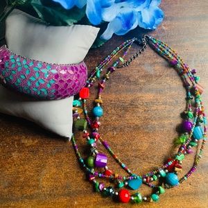 Bohemian Multi Gem Colorful Necklace & FREE Diamond Cut Teal & Purple Bangle